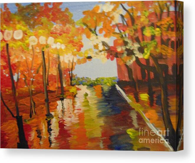 Impressionist Canvas Print featuring the painting Rainy Fall Night by Saundra Johnson