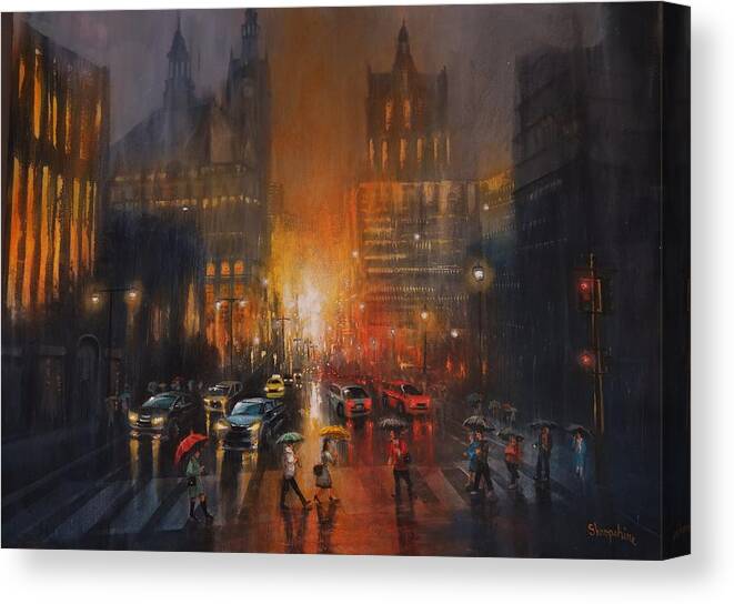 City Rainy Canvas Print featuring the painting Rainy Night by Tom Shropshire