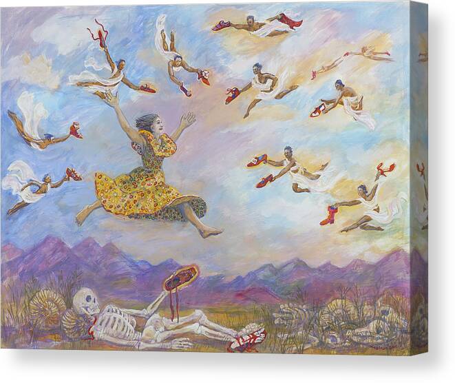 Dancer Canvas Print featuring the painting Red Shoes with Messengers by Shoshanah Dubiner