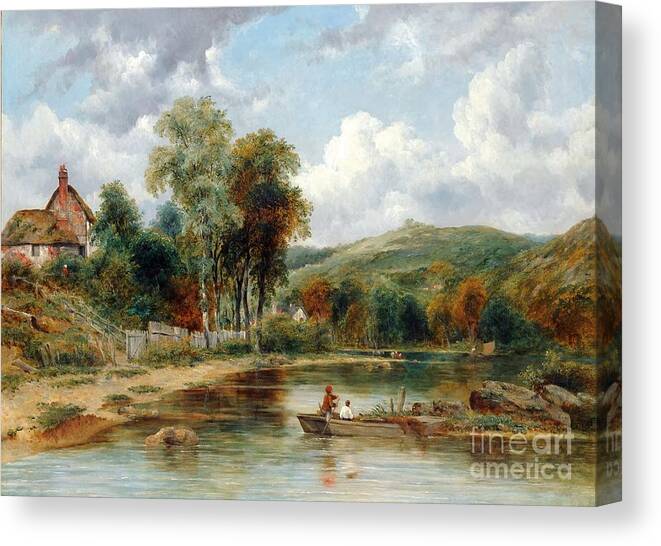 Frederick Waters Watts - River Landscape With Two Boys In A Boat Fishing Canvas Print featuring the painting River Landscape with Two Boys by MotionAge Designs