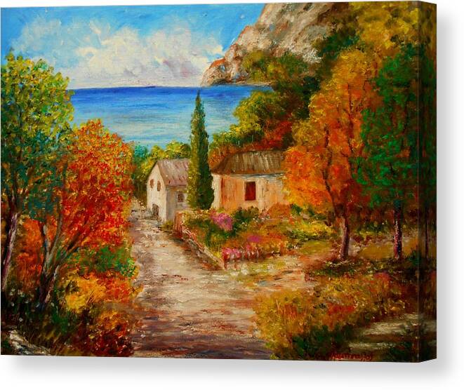 Landscape Originals Canvas Prints Acrylic Prints Art Prints Framed Prints Tress Pathways Trees Autumn Greece Greece-evia Evia-greece Nature Counytry Houses Seas Pathways Paintings Original-paintings Greeting Cards Canvas Print featuring the painting Rovies by Konstantinos Charalampopoulos