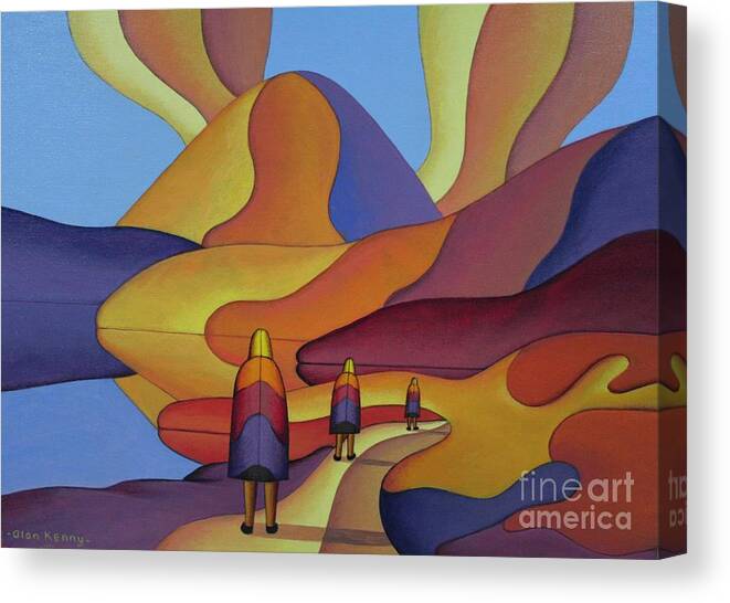 Landscape Canvas Print featuring the painting Sacred Mountain And 3 Figures In Ritual Clothing by Alan Kenny