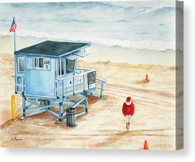 Santa On The Beach Canvas Print featuring the painting Santa is on the Beach by Lori Taylor