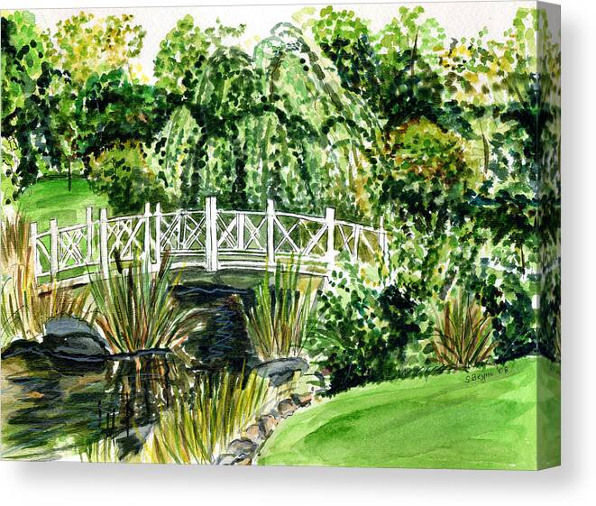 Green Canvas Print featuring the painting Sayen Bridge by Clara Sue Beym