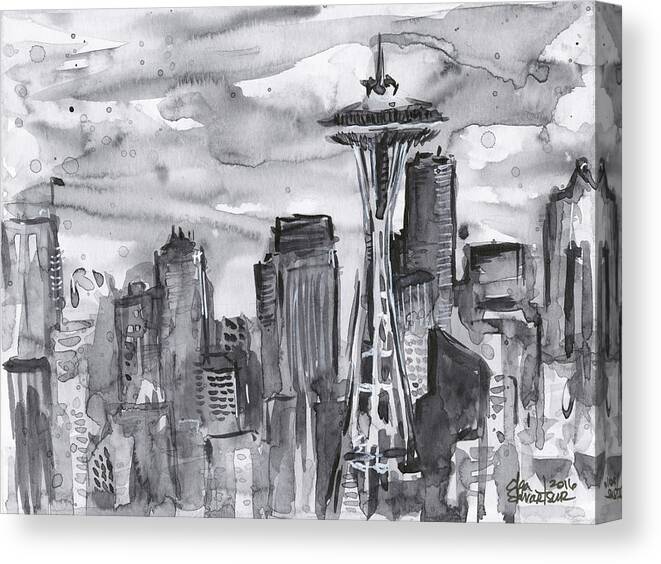 Seattle Canvas Print featuring the painting Seattle Skyline Space Needle by Olga Shvartsur
