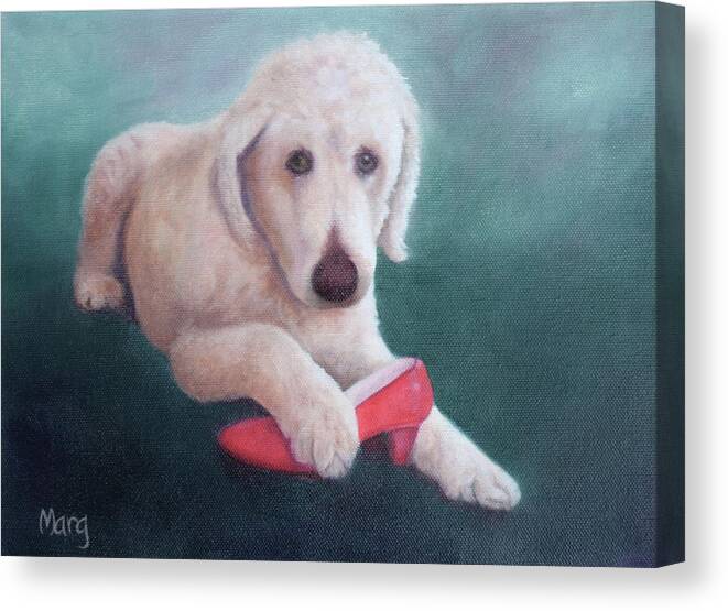 Dog With Shoe Canvas Print featuring the painting Shoe Fetish by Marg Wolf