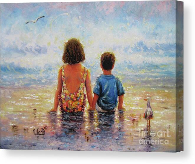 Beach Girl And Boy Canvas Print featuring the painting Side By Side Beach Boy and Girl by Vickie Wade