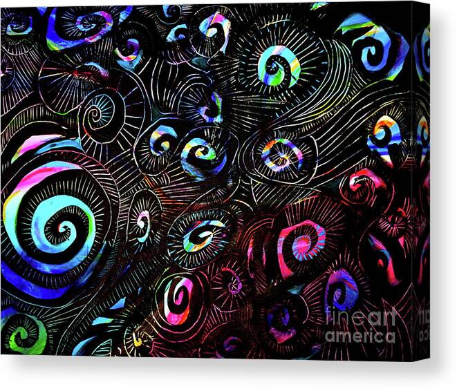 Magnificent Rainbow Hued Colors Show Through A Black Background Populated With Unending Spirals In A Wide Variety Of Sizes .all Are Scratched Canvas Print featuring the painting Sirens Song H by Priscilla Batzell Expressionist Art Studio Gallery