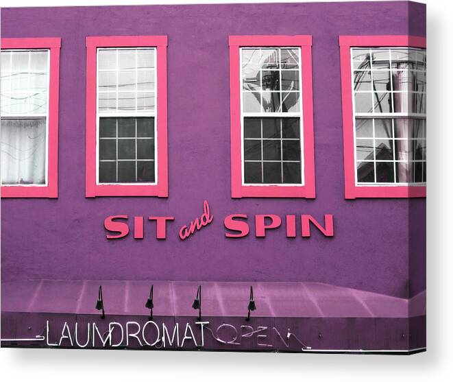 Sit And Spin Canvas Print featuring the mixed media Sit And Spin Laundromat Purple- by Linda Woods by Linda Woods