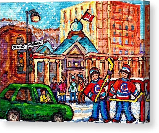 Montreal Canvas Print featuring the painting Snowy Montreal Winter Scene Mcgill Roddick Gates Hockey Game Canadian Painting Carole Spandau    by Carole Spandau