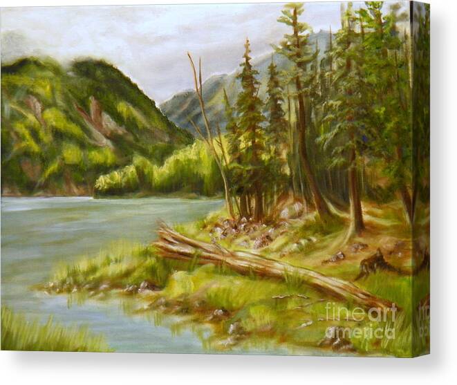 Mountains Clouds Light Shadow Trees Fir Cedar Spruce Forest Logs Stump Reeds Water Inlet Landscape Rocks Sun Sky Moss Branches Leaves Crevasses Valleys Blue Green Yellow Brown White Canvas Print featuring the painting Spring in Clayton Falls park by Ida Eriksen