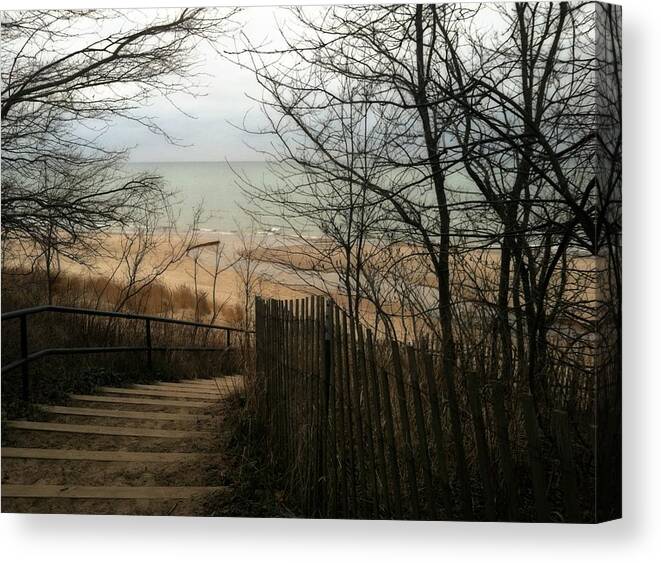 Michigan Canvas Print featuring the photograph Stairs to the Beach in Winter by Michelle Calkins