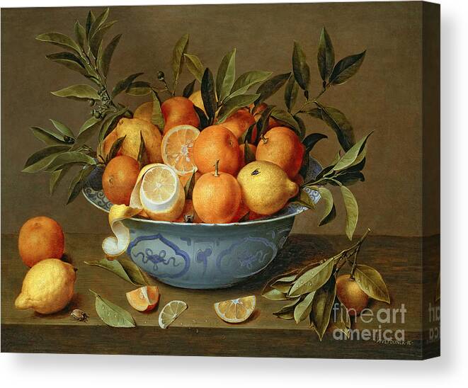 Still Canvas Print featuring the painting Still Life with Oranges and Lemons in a Wan-Li Porcelain Dish by Jacob van Hulsdonck