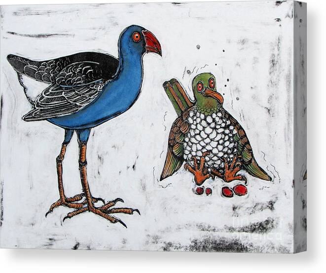 Pukekoe Canvas Print featuring the mixed media Study of a Pukekoe and a Drunken New Zealand Wood Pigeon by Pamela Iris Harden