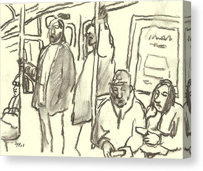 A Charcoal Drawing Was Made On The A Train Canvas Print featuring the drawing Subway Sketch, NYC by Thor Wickstrom
