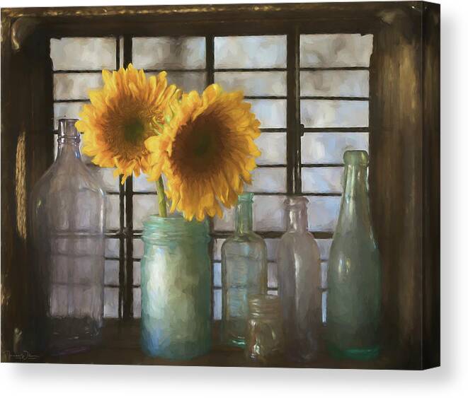 Sunflowers Canvas Print featuring the mixed media Sunflowers and Bottles by Teresa Wilson