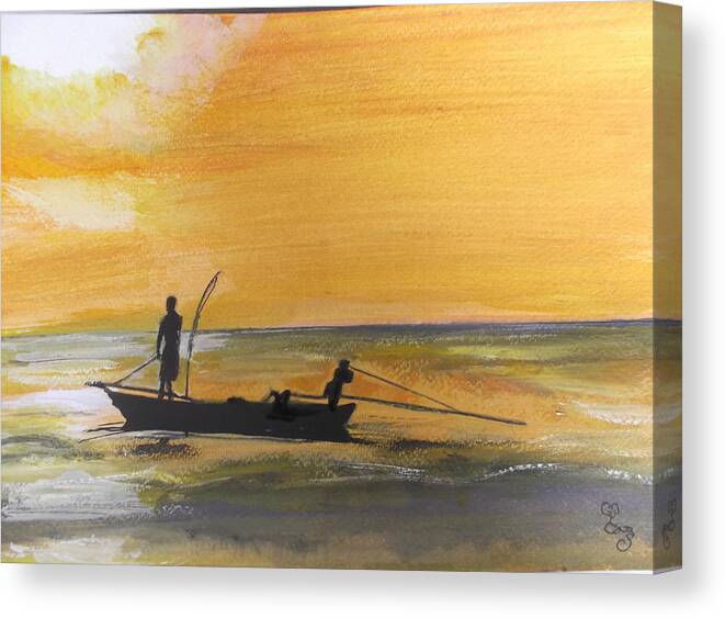 Sunset Canvas Print featuring the painting Sunset fishing by Carole Robins