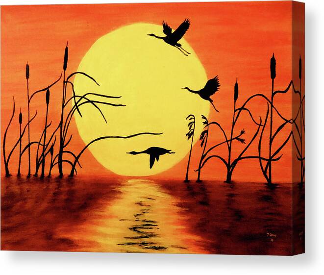 Geese Canvas Print featuring the painting Sunset geese by Teresa Wing