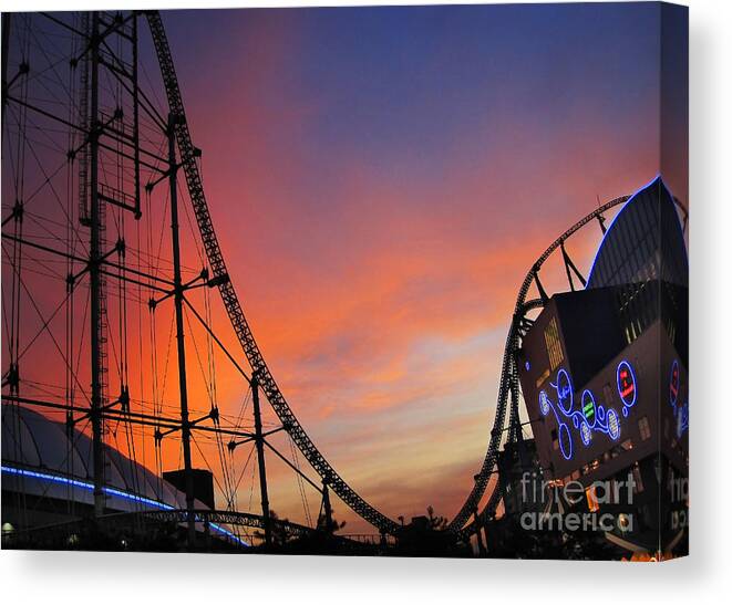 Amusement Park Canvas Print featuring the photograph Sunset Over Roller Coaster by Eena Bo
