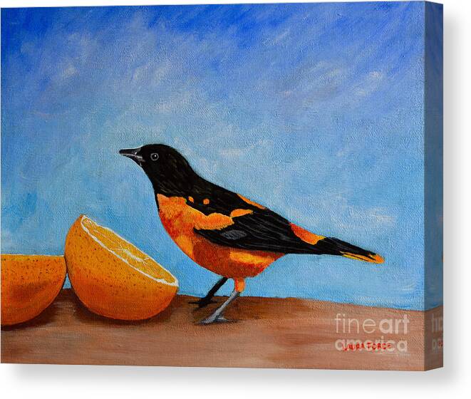 Bird Canvas Print featuring the painting The Bird And Orange by Laura Forde
