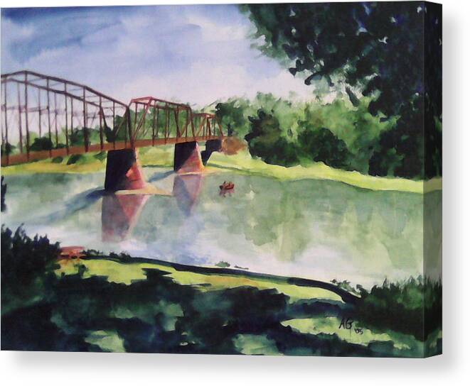 Bridge Canvas Print featuring the painting The Bridge at Ft. Benton by Andrew Gillette