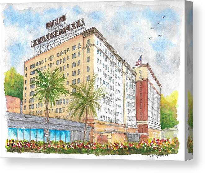 Knickerbocker Hotel Canvas Print featuring the painting The Knickerbocker Hotel in Hollywood, California by Carlos G Groppa