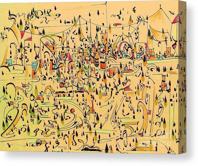 Abstract Pen And Ink Painting With Colored Pencils Canvas Print featuring the painting The Marketplace by Nancy Kane Chapman