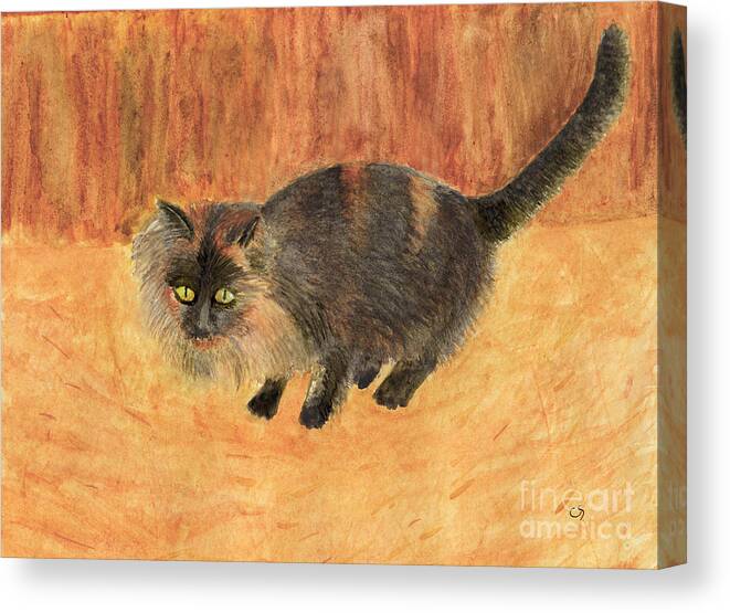 Barn Cat Canvas Print featuring the painting The Mouser, Barn Cat Watercolor by Conni Schaftenaar