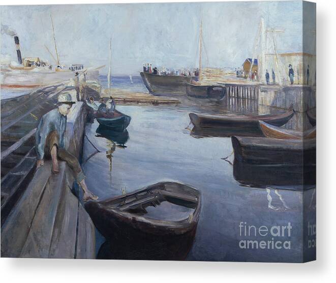 Edvard Munch Canvas Print featuring the painting The post boats arrival by Edvard Munch