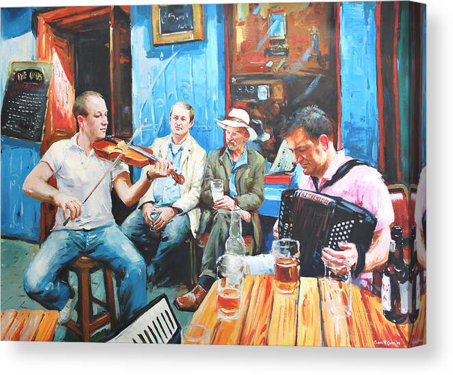 Streetscape Canvas Print featuring the painting The Quay Players by Conor McGuire