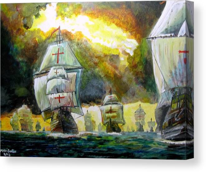 Ships Canvas Print featuring the painting The Spanish Armada by Mike Benton