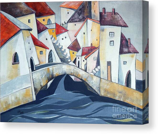 Urban Landscape Canvas Print featuring the painting The stone btidge by Aniko Hencz