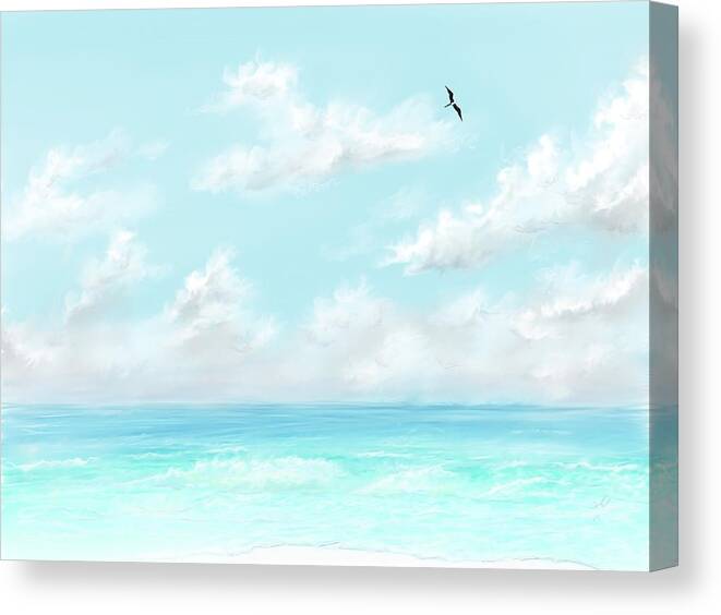 Summer Canvas Print featuring the digital art The waves and bird by Darren Cannell