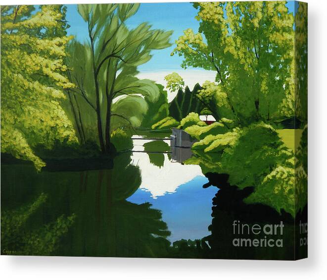 Fine Art Landscape Canvas Print featuring the painting The Weir at Oaks Creek Crossing by Robert Coppen