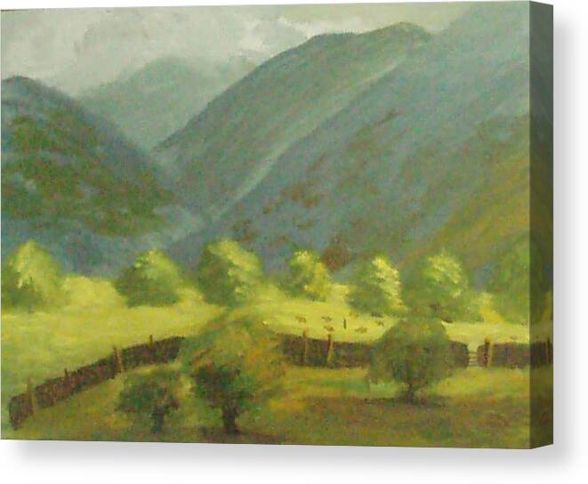 Mountains Canvas Print featuring the painting There is mist up here by Trilby Cole