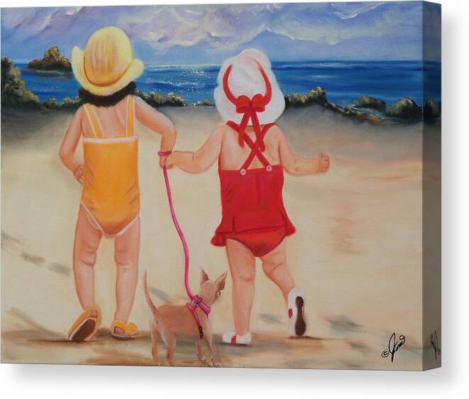 Portraits Canvas Print featuring the painting Three for the Beach by Joni McPherson