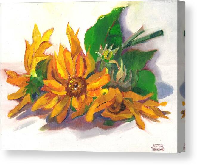 Sunflowers Canvas Print featuring the painting Three Sunflowers by Susan Thomas