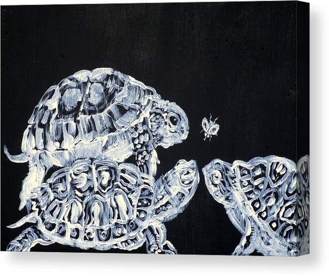 Turtle Canvas Print featuring the painting Three Terrapins And One Fly by Fabrizio Cassetta