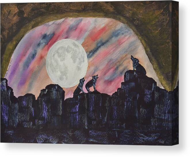 Linda Brody Canvas Print featuring the painting Three Wolves Howling From A Cave by Linda Brody