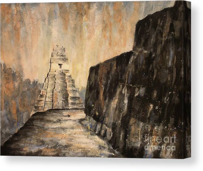 Archaeological Site Canvas Print featuring the painting Tikal Ruins- Guatemala by Ryan Fox