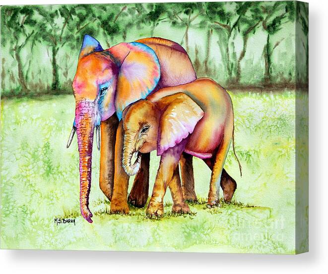 Elephants Canvas Print featuring the painting Together Forever by Maria Barry