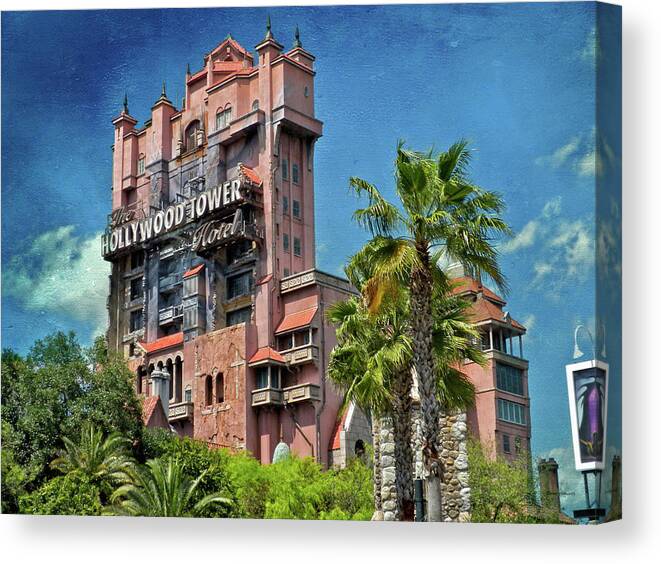 Castle Canvas Print featuring the photograph Tower Of Terror Disney World Textured Sky MP by Thomas Woolworth