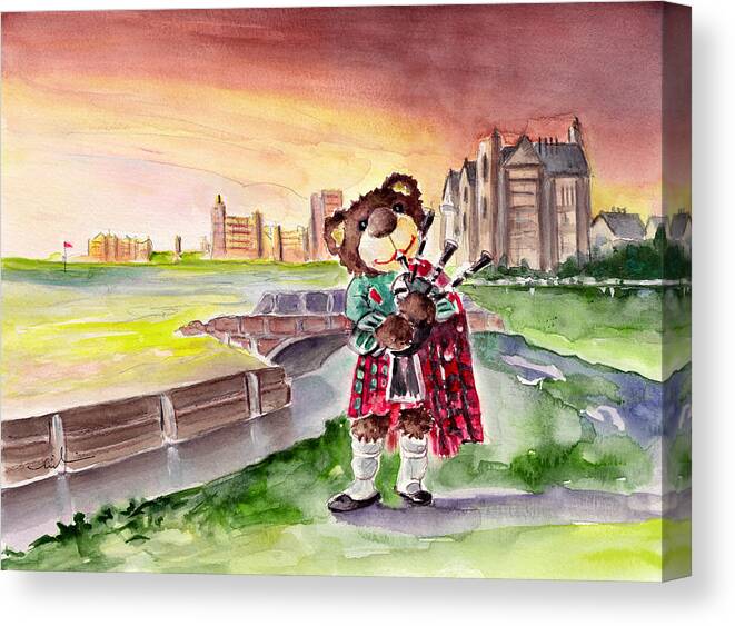 Animals Canvas Print featuring the painting Truffle McFurry Playing The Bagpipes At St Andrews by Miki De Goodaboom