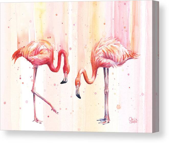 Flamingo Canvas Print featuring the painting Two Flamingos Watercolor by Olga Shvartsur