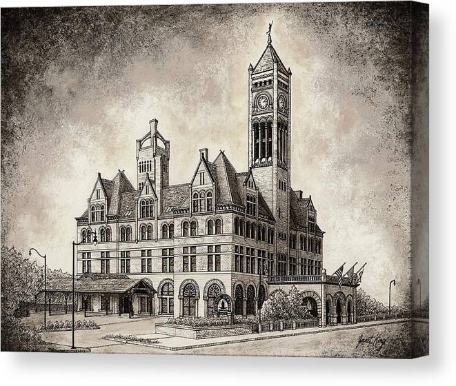 Union Station In Nashville Canvas Print featuring the drawing Union Station mixed media by Janet King