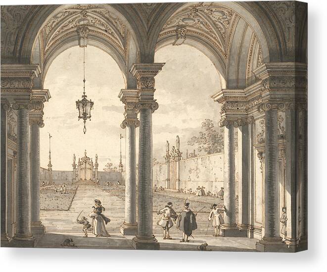 18th Century Art Canvas Print featuring the drawing View through a Baroque Colonnade into a Garden by Canaletto