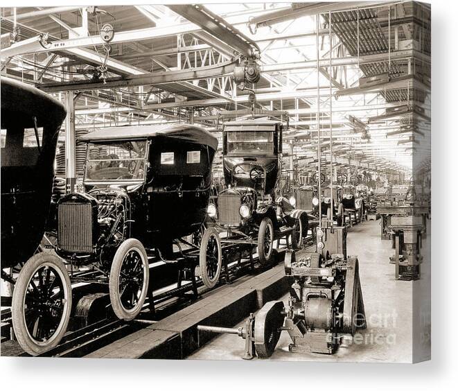 Car Canvas Print featuring the photograph Vintage Car Assembly Line by American School
