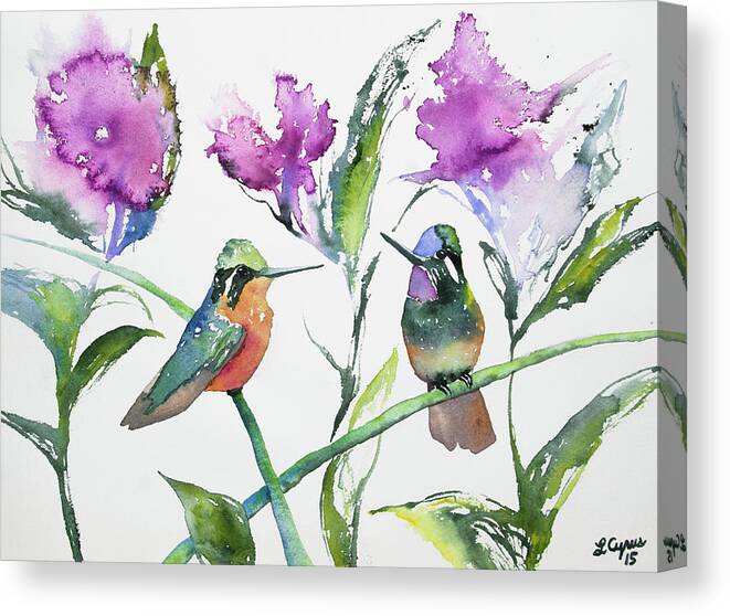 Purple-throated Mountain Gem Canvas Print featuring the painting Watercolor - Purple-throated Mountain Gems and Flowers by Cascade Colors