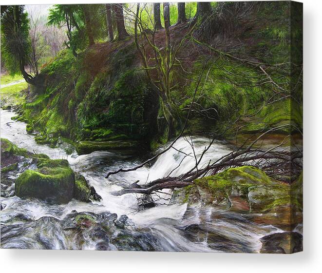 Landscape Canvas Print featuring the painting Waterfall near Tallybont-on-Usk Wales by Harry Robertson