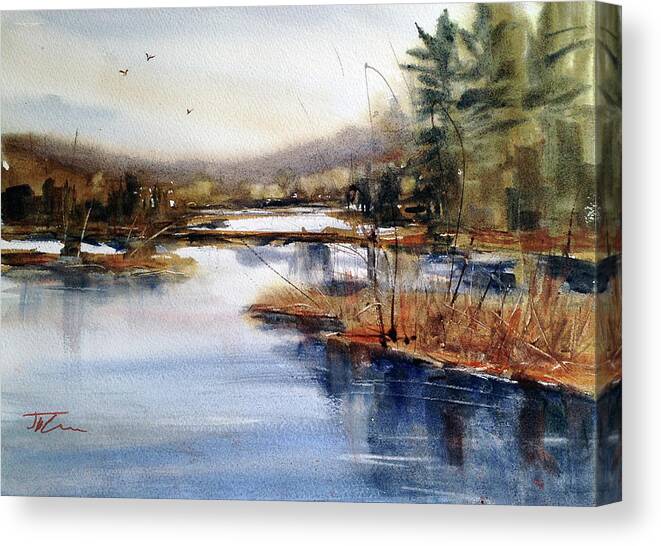 Watercolor Canvas Print featuring the painting Where Peaceful Waters Flow by Judith Levins